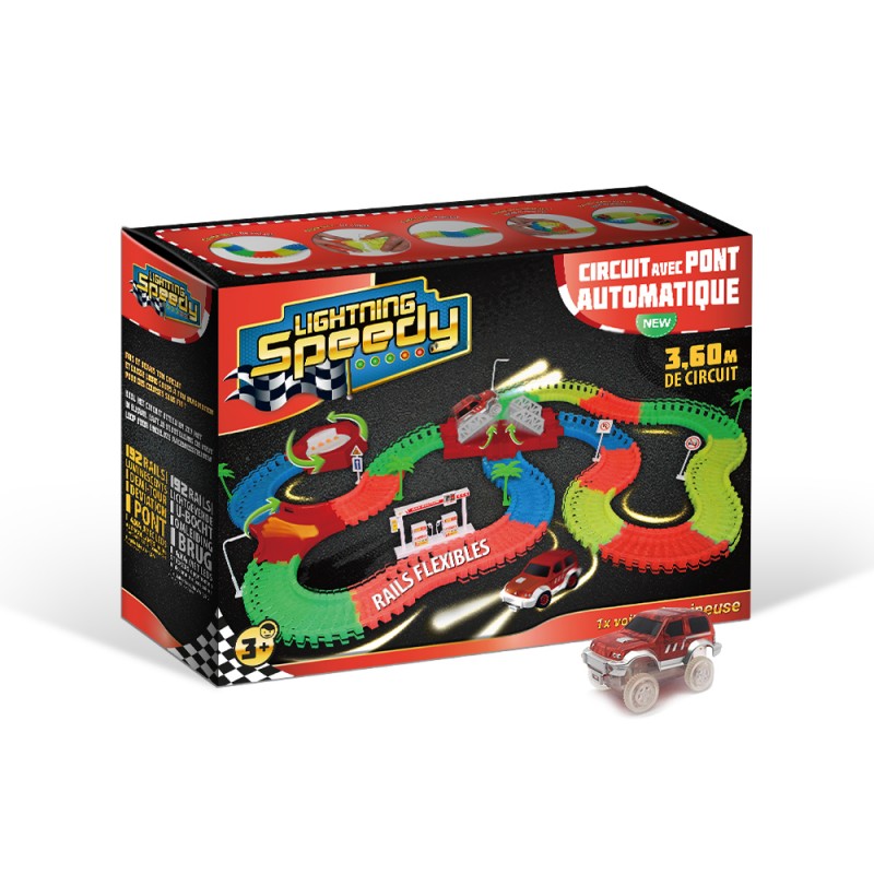 Circuit voiture et Lumitunnels Lightning Speedy, flexible modulable avec 150 rails et 30 tunnels luminescents